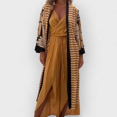 Retro Geometric Ethnic Print Open Front Slit Duster Kimono