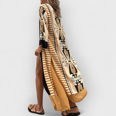 Retro Geometric Ethnic Print Open Front Slit Duster Kimono