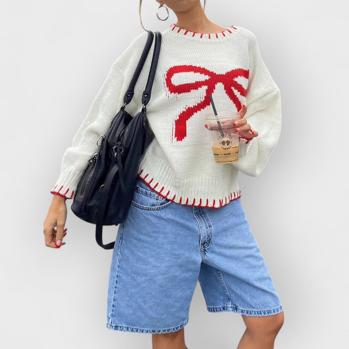 Bow Jacquard Loose Pullover Sweater