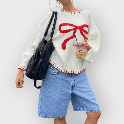 Bow Jacquard Loose Pullover Sweater
