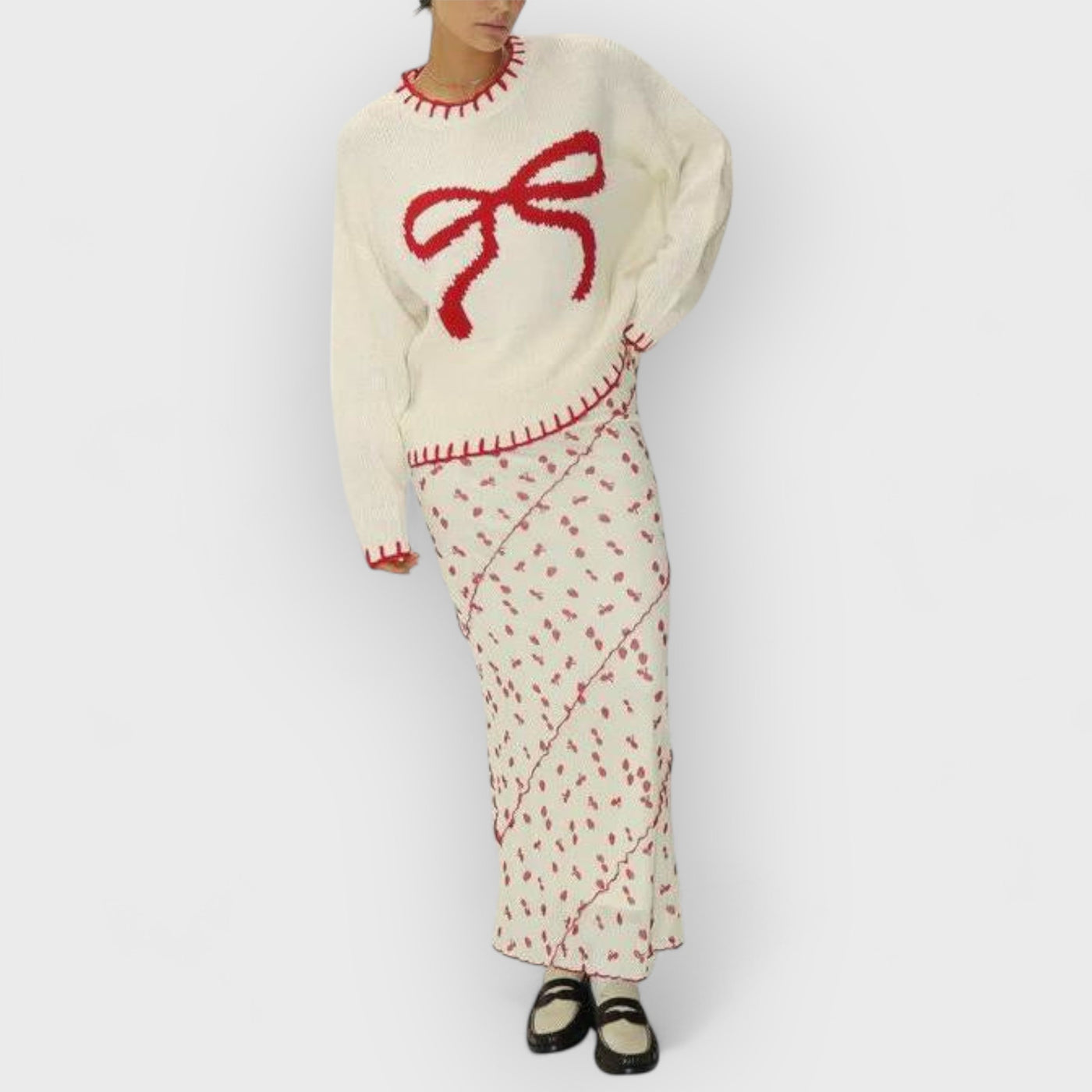 Bow Jacquard Loose Pullover Sweater